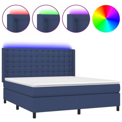 Боксспринг легло с матрак и LED, синьо, 160x200 см, плат