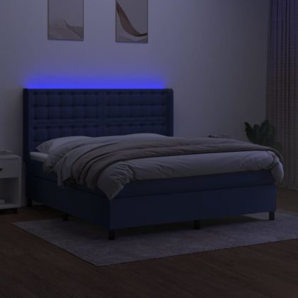 Боксспринг легло с матрак и LED, синьо, 160x200 см, плат