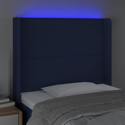 LED горна табла за легло, синя, 93x16x118/128 см, плат