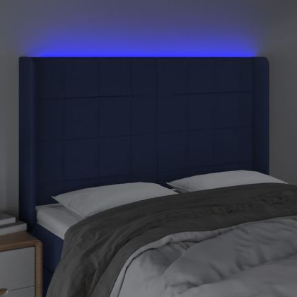 LED горна табла за легло, синя, 147x16x118/128 см, плат