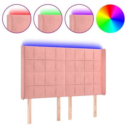 LED горна табла за легло, розова, 147x16x118/128 см, кадифе
