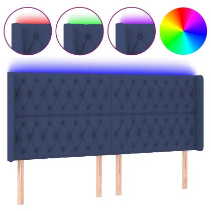 LED горна табла за легло, синя, 203x16x118/128 см, плат