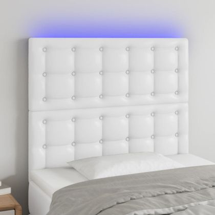 LED горна табла за легло, бяла, 90x5x118/128 см изкуствена кожа