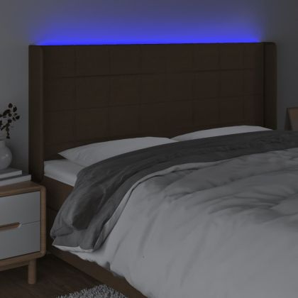 LED горна табла за легло, тъмнокафява,203x16x118/128 см, плат
