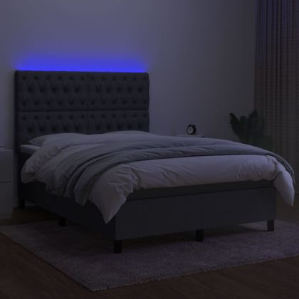 Боксспринг легло с матрак и LED, тъмносиво, 140x200 см, плат