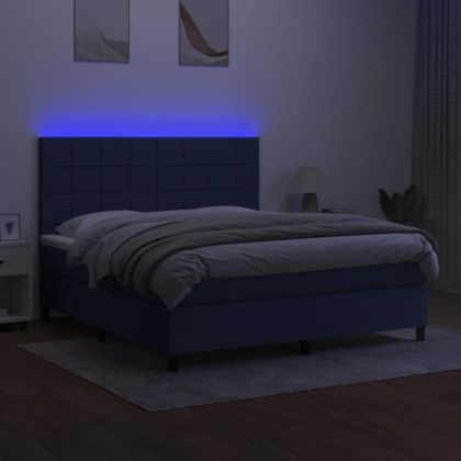 Боксспринг легло с матрак и LED, синьо, 180x200 см, плат
