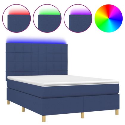 Боксспринг легло с матрак и LED, синьо, 140x190 см, плат