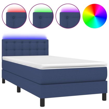 Боксспринг легло с матрак и LED, синьо, 80x200 см, плат