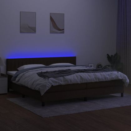 Боксспринг легло с матрак и LED, тъмнокафява, 200x200 см, плат