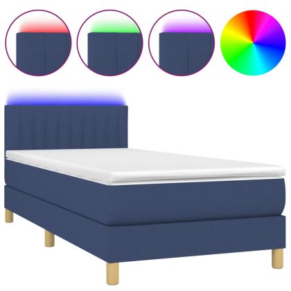 Боксспринг легло с матрак и LED, синьо, 80x200 см, плат