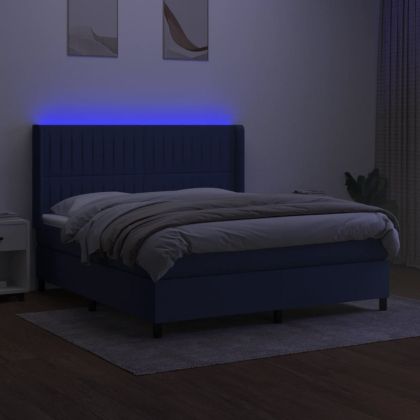 Боксспринг легло с матрак и LED, синьо, 180x200 см, плат