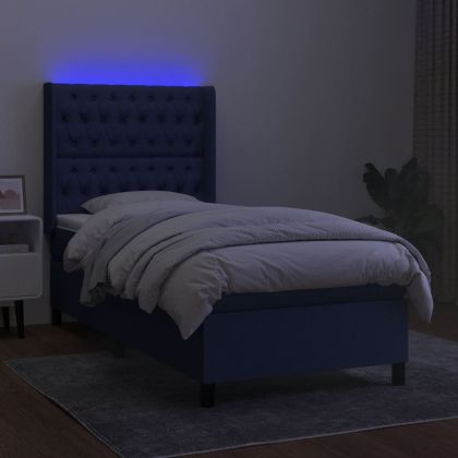 Боксспринг легло с матрак и LED, синьо, 80x200 см, плат