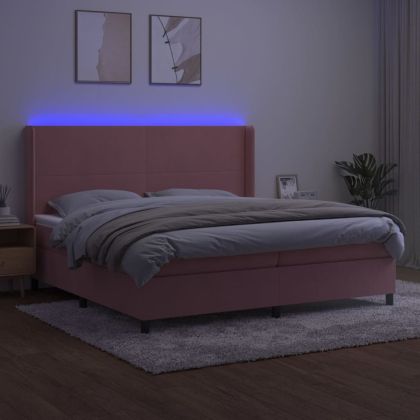 Боксспринг легло с матрак и LED, розово, 200x200 см, кадифе