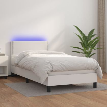 Боксспринг легло с матрак и LED бяло 100x200 см изкуствена кожа