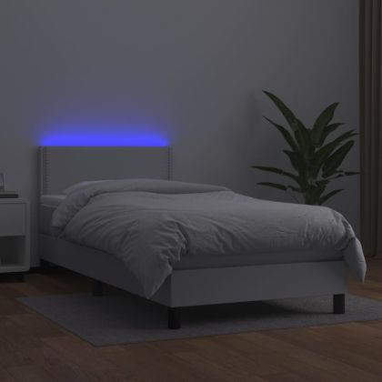 Боксспринг легло с матрак и LED бяло 100x200 см изкуствена кожа