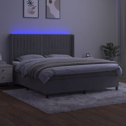 Боксспринг легло с матрак и LED, светлосиво, 180x200 см, кадифе