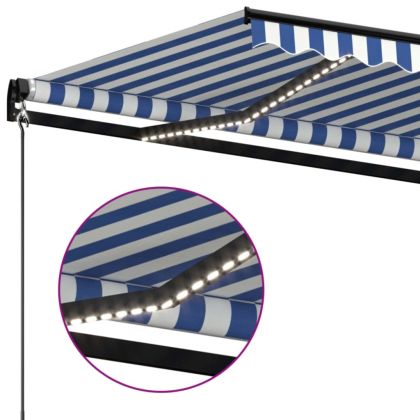 Ръчно прибиращ се сенник с LED, 400x350 см, синьо и бяло