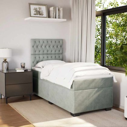 Боксспринг легло с матрак, светлосиво, 90x200 см, кадифе