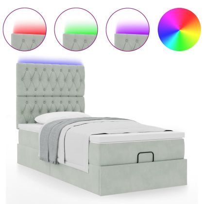Османска легло с матраци и LED, светлосиво, 90x200 см, кадифе