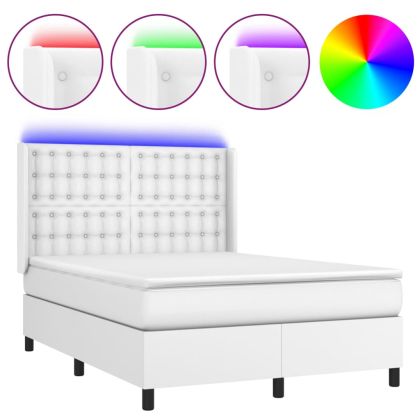 Боксспринг легло с матрак и LED бяло 140x190 см изкуствена кожа