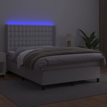 Боксспринг легло с матрак и LED бяло 140x190 см изкуствена кожа