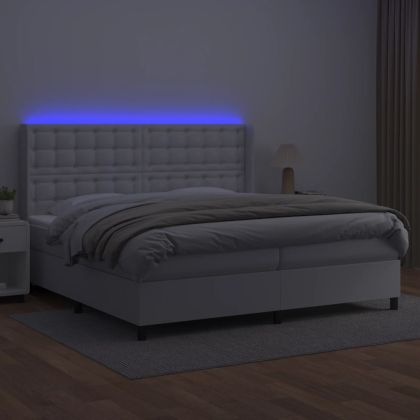 Боксспринг легло с матрак и LED бяло 200x200 см изкуствена кожа