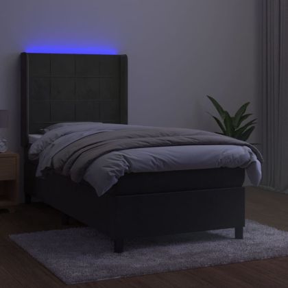 Боксспринг легло с матрак и LED, тъмносиво, 90x190 см, кадифе