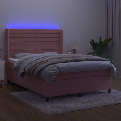 Боксспринг легло с матрак и LED, розово, 140x200 см, кадифе