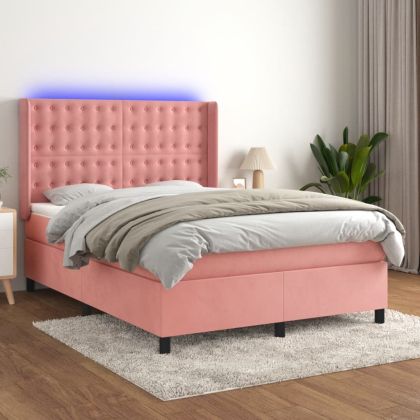 Боксспринг легло с матрак и LED, розово, 140x190 см, кадифе