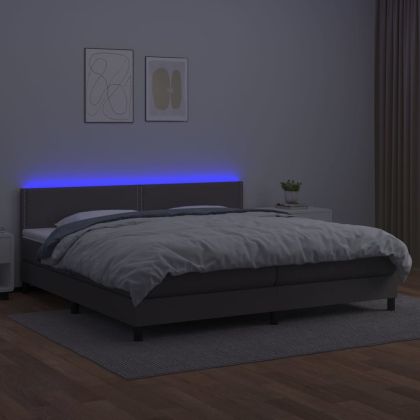 Боксспринг легло с матрак и LED сиво 200x200 см изкуствена кожа