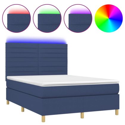 Боксспринг легло с матрак и LED, синьо, 140x190 см, плат