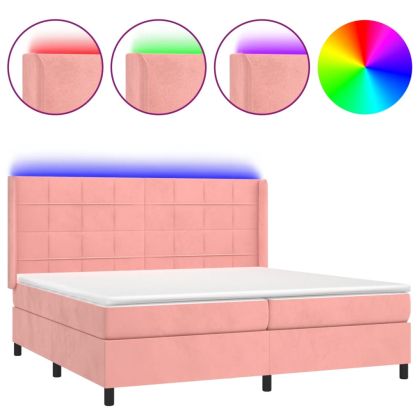 Боксспринг легло с матрак и LED, розово, 200x200 см, кадифе