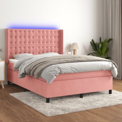Боксспринг легло с матрак и LED, розово, 140x200 см, кадифе