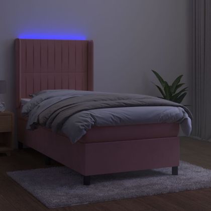 Боксспринг легло с матрак и LED, розово, 100x200 см, кадифе