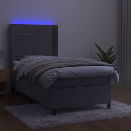 Боксспринг легло с матрак и LED, светлосиво, 80x200 см, кадифе