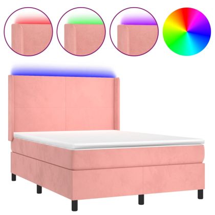 Боксспринг легло с матрак и LED, розово, 140x190 см, кадифе