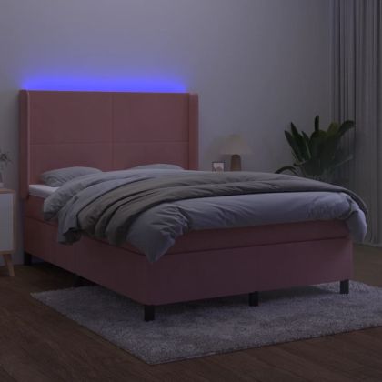 Боксспринг легло с матрак и LED, розово, 140x190 см, кадифе