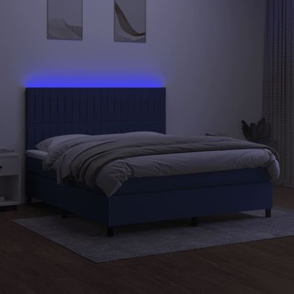 Боксспринг легло с матрак и LED, синьо, 180x200 см, плат