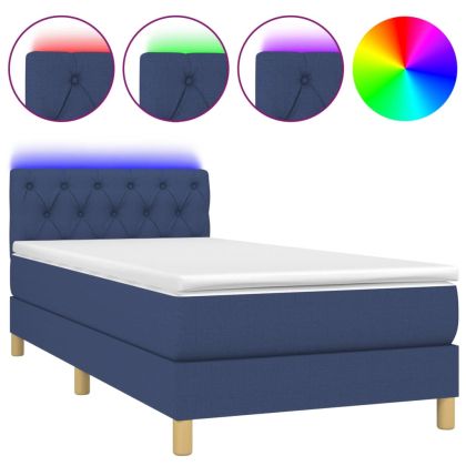 Боксспринг легло с матрак и LED, синьо, 80x200 см, плат