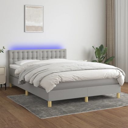 Боксспринг легло с матрак и LED, светлосиво, 140x200 см, плат