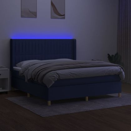 Боксспринг легло с матрак и LED, синьо, 180x200 см, плат