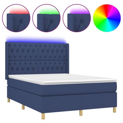 Боксспринг легло с матрак и LED, синьо, 140x190 см, плат