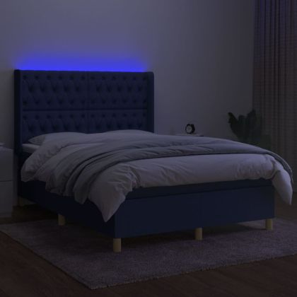 Боксспринг легло с матрак и LED, синьо, 140x190 см, плат