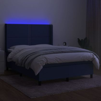 Боксспринг легло с матрак и LED, синьо, 140x200 см, плат