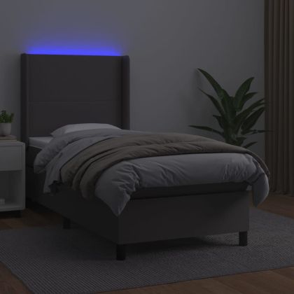 Боксспринг легло с матрак и LED сиво 90x200 см изкуствена кожа