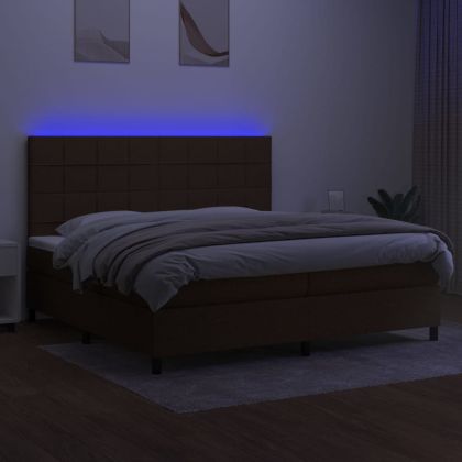 Боксспринг легло с матрак и LED, тъмнокафява, 200x200 см, плат