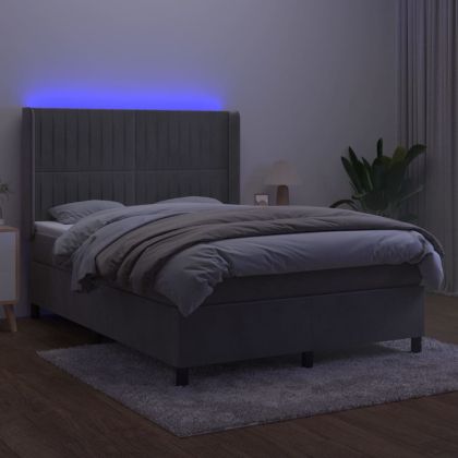 Боксспринг легло с матрак и LED, светлосиво, 140x190 см, кадифе