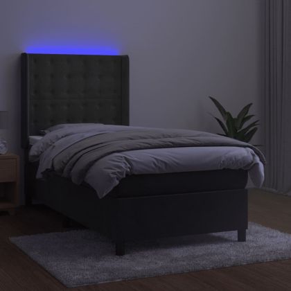 Боксспринг легло с матрак и LED, тъмносиво, 90x200 см, кадифе