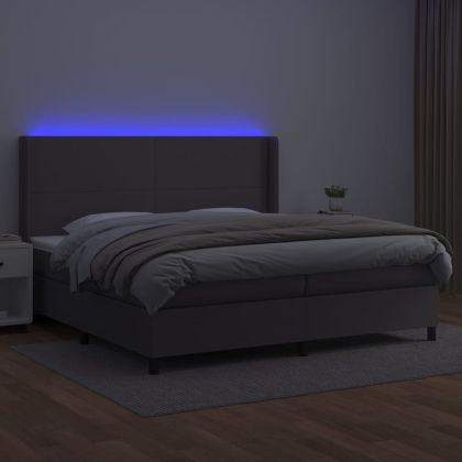 Боксспринг легло с матрак и LED сиво 200x200 см изкуствена кожа