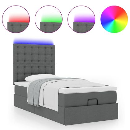 Османска легло с матрак и LED, тъмносиво, 90x200 см, плат